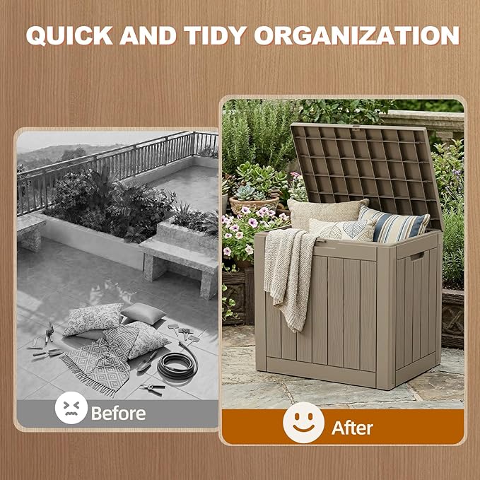 EFU Outdoor Storage Box 35 Gallon Deck Box (Indoor & Outdoor) Lockable UV Resistance Waterproof Resin Storage Bin Storage Box for Outdoor,Patio Storage(Taupe)