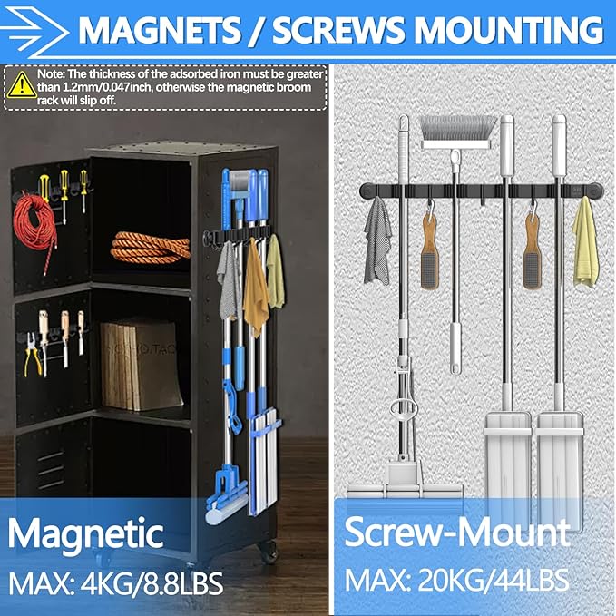 3-H Magnetic Broom Holder Wall Mount 1 Pack, 2-in-1 Dual Mount (No Drill or Screw Fix), 304 Stainless Steel Heavy Duty Magnet Mop Broom Organizer for Kitchen Garden Garage(4 Racks & 5 Hooks,Black)