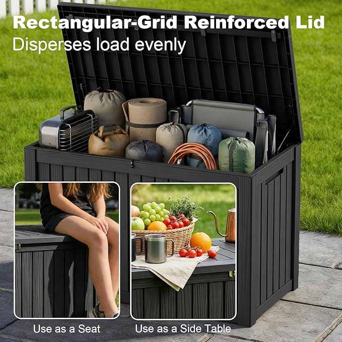 ROJIK 180 Gallon Waterproof Outdoor Deck Storage Box, Lockable Resin Patio Storage Bin with Lid for Garden Tools, Patio Cushions & Outdoor Accessories(Black)