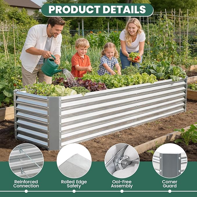 G GOOD GAIN 8x2x2 ft Galvanized Raised Garden Bed Kit, Large Metal Planter Box Outdoor for Vegetables, Flowers, Herbs, 24" Tall 240 Gallon Capacity Deep Root Design, Silver