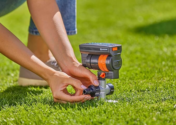 GARDENA 20575 | Up to 2300 sq ft - ZoomMaxx Adjustable Oscillating Sprinkler on Metal Step Spike for Watering Large Area Lawn with US Hose Threads, Yard and Garden. Gardena Quick Connects
