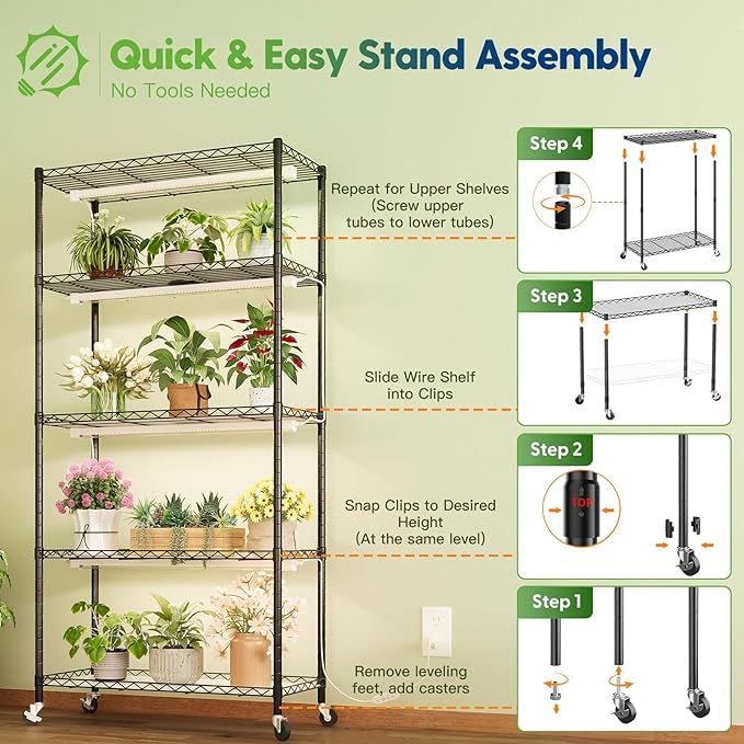 FREELICHT DIY Plant Shelf with Grow Light, 5-Tier, 2FT 5000K 120W(4x30W), Full Spectrum, Metal Plant Stand with Adjustable Rack and Wheel, LED Grow Lights with Timer for Seed Starting 35.4x13.8x61.5IN