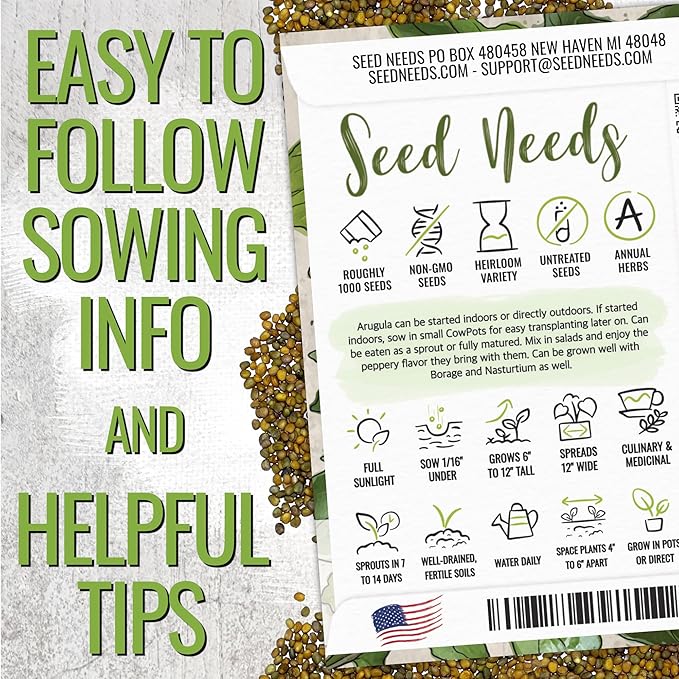 Seed Needs Arugula Seeds for Planting Roquette/Rocket - Non-GMO Heirloom & Untreated - Grow an Outdoor Herb/Vegetable Garden for Home Grown Produce (2 Packs)