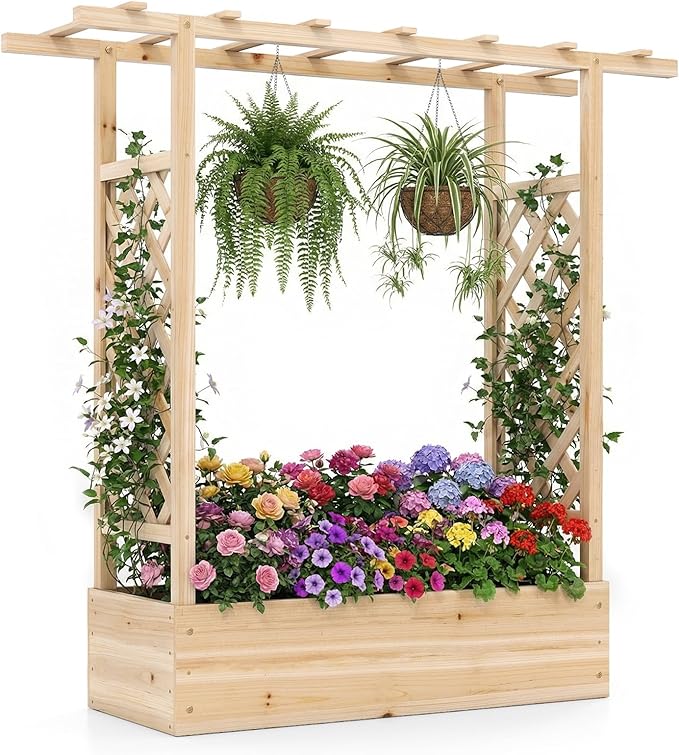 S AFSTAR Raised Garden Bed with Trellis, 2-in-1 Fir Wood Planter Box with Flat Roof & Drainage Holes, Vertical Planter Raised Bed for Climbing Plants, Flowers & Vegetables, 43" x 14" x 45" (Natural)