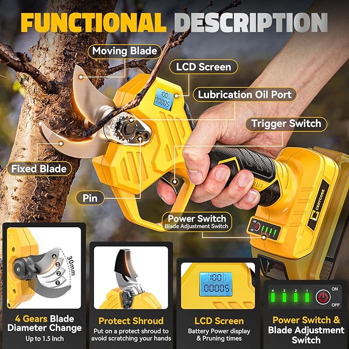 Electric Pruning Shears Compatible with DeWalt 20v Battery, 0.8-2 Inch Max Cutting Diameter Electric Pruner with LCD Display & Imported SK7 Steel Blades for Gardening Tree Pruning(No Battery)
