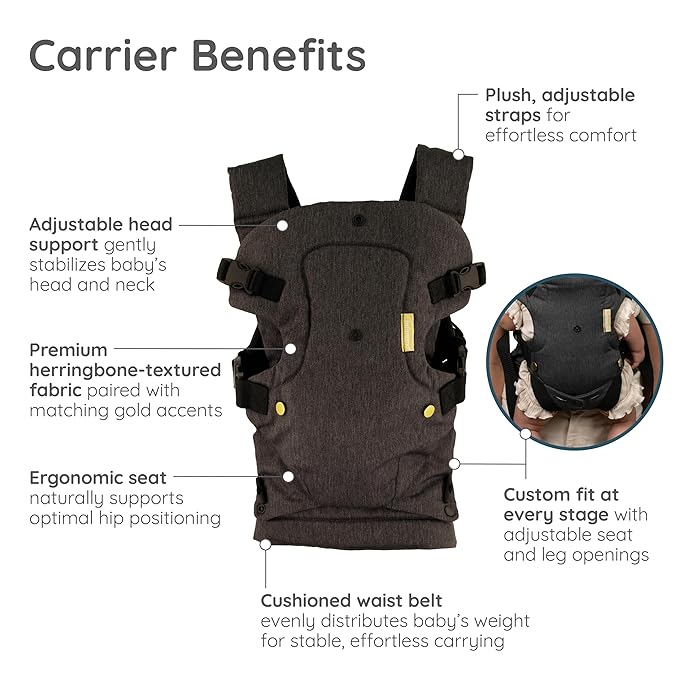 Infantino Flip Luxe 4-in-1 Convertible Baby Carrier, Ergonomic Infant to Toddler Carrier, Updated Lumbar Support, Premium Herringbone Fabric, Elevated Accents, Hands-Free Comfort, 7–35 lbs, Onyx