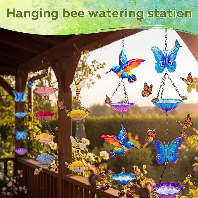 Tandefio 2 Pack Hanging Bee Watering Station, Butterfly Feeder, Flower Shaped Bowl Bee Metal Cups for Outdoor Garden Yard Decor, Pollinator Feeding Station 19.6 Inch (Butterfly & Hummingbird Style)