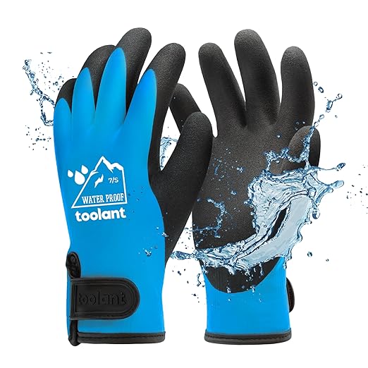 toolant 100% Waterproof Gloves for Men and Women, Winter Work Gloves for Cold Weather, Thermal Insulated Freezer Gloves, Touch Screen, With Grip, Blue, Small