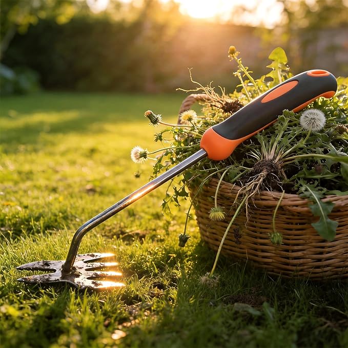 Hand Weeder Puller Tool, Heavy-Duty Stainless Steel Root Removal Tool with Ergonomic Non-Slip Handle, Manual Dandelion Remover for Garden Lawn Yard, Handheld Weeding Tool for Deep Roots, red