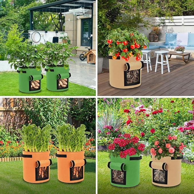 9 Pack Potato Grow Bags, Colorful Garden Planting Bag with Durable Handle and Harvest Window Nonwoven Fabric Growing Bags with Flap Tomato, Vegetable and Fruits (10 Gallon)