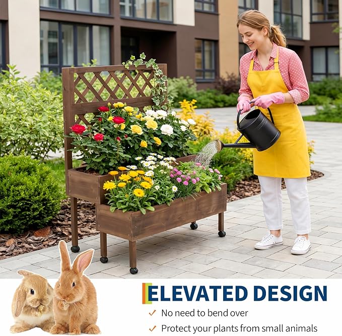 Garvee Raised Garden Bed with Trellis & Wheels, 2-Tier Outdoor Wooden Elevated Planter Box with Legs & Drainage Holes, Vertical Planter Box Stand for Backyard, Patio, Balcony, Brown