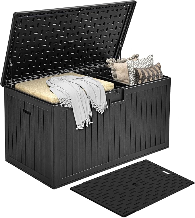 DWVO 230 Gallon Double-Wall Deck Box with Divider, XXL Extra Large Resin Outdoor Storage Box, Lockable & Waterproof, Double as Seating, 1000lbs Capacity (Black)