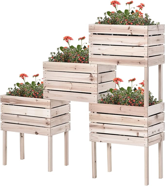 Outsunny 4PCS Raised Garden Bed with Legs, Wooden Elevated Planter Box Kit with Bed Liner, DIY Shape, for Flowers Vegetables Backyard Patio Balcony, 110lb Capacity