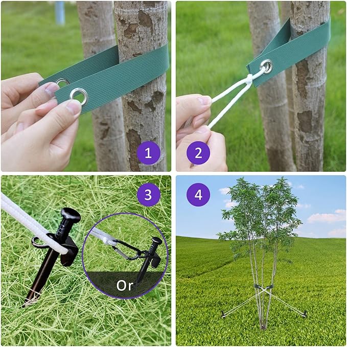 Heavy Duty Steel Tree Stake Kits,Tree Staking and Supports Kits for Young Trees Against Bad Weather, Include 3 PCS Tree Straps for Staking, 3 PCS 11.8 Inch Tree Stakes and 31.2 Feet Rope for Anchoring