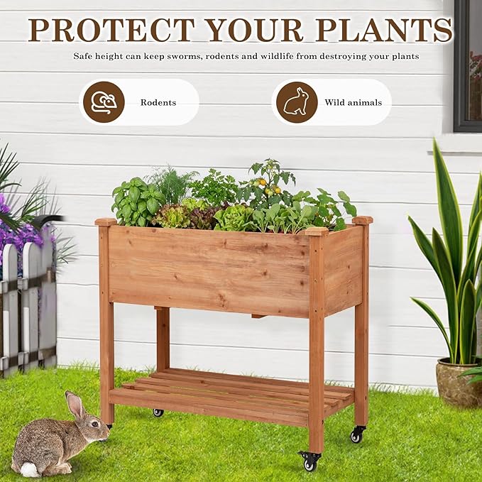 Raised Garden Bed with Lockable Wheels, 32x16x32 inch Elevated Wood Planter with Storage Shelf Protective Liner for Vegetable Flower Herb Outdoor Balcony Patio Backyard, Brown