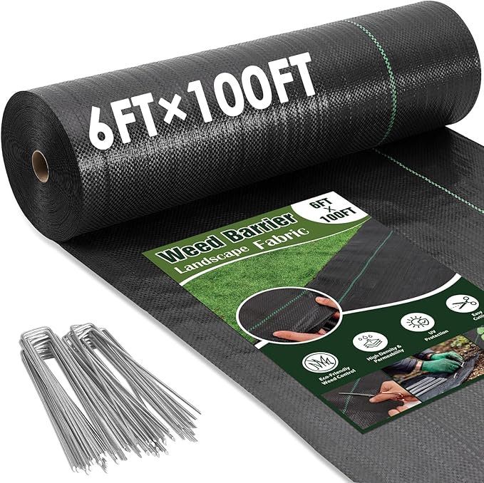 HongWay 6FT x 100FT Weed Barrier Landscape Fabric, Weed Control Weed Blocker Fabric Heavy Duty with 40 U-Shaped Stakes, Ground Garden Bed Cover Woven Geotextile Fabric for Underlayment, Driveway