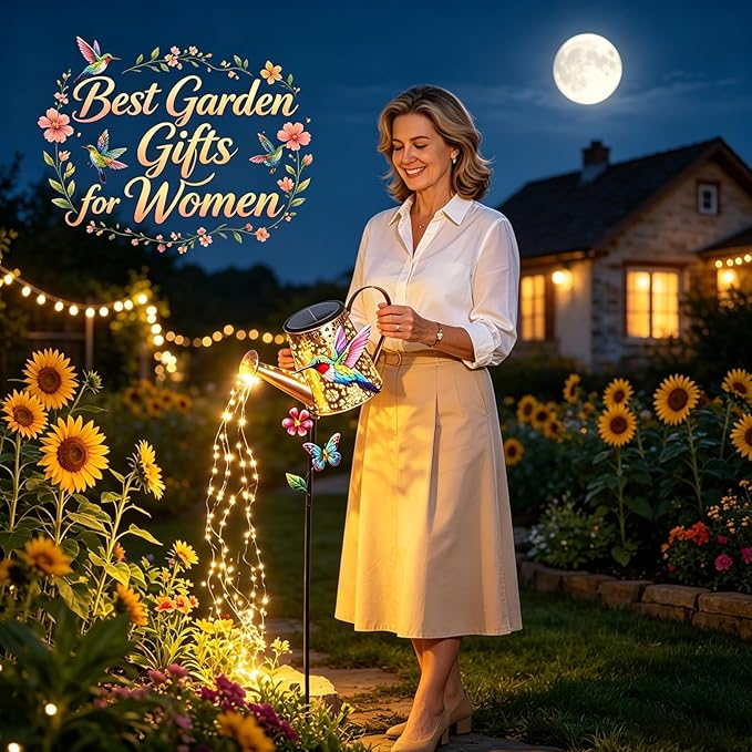 Solar Watering Can with Lights Outdoor Garden, 41in Large Hummingbird Garden Stake Lights, Waterproof Decoration for Yard Lawn Pathway, Gifts for Mom Grandma Women Birthday Gardening Gift