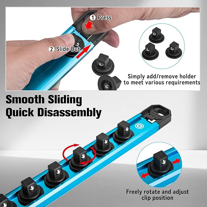 DURATECH Magnetic Socket Organizer Set, 1/4”, 3/8”, 1/2” Aluminum Alloy Socket Rail with 64 Clips, Socket Holder for Tool Box Drawer, Tool Cart and Garage Organization(6PCS)