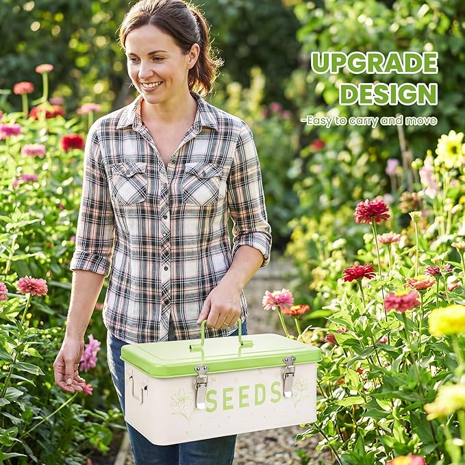 Seed Storage Organizer with Lid, Metal Seed Bin Seed Packet Container with 100 Plant Labels 50 Seed Envelopes 50 Plant Clips 1 Marker Pen, 4 Compartments Box with Locks (Fruit green)