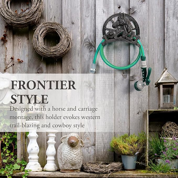 MyGift Horse and Wagon Design Hose Holder, Heavy Duty Cast Iron Outdoor Garden Hose Hanger, Wall Mounted Water Hose Holder Reel with Carriage Theme