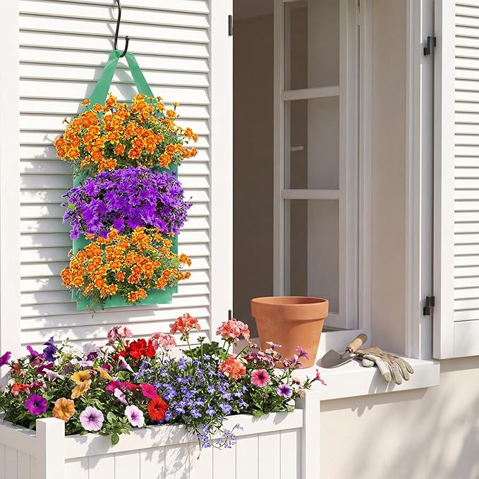 30 Pack Hanging Strawberry Planter and Flower Grow Bags with 9 Holes, Large 21" Fence Planter Pouches, Upside-down Garden Bags for Flowers, Strawberries, Tomatoes, 3.5-5kg Weight Capacity, BPA-Free