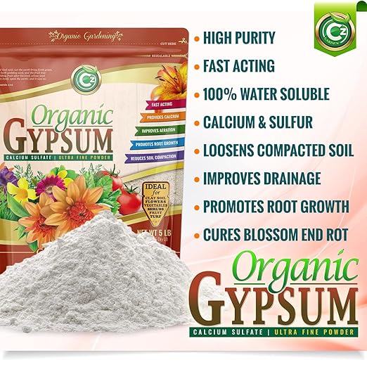 Organic Gypsum Powder 5LB - Made in USA - OMRI Listed - Calcium Sulfate Dihydrate - Garden Soil Amendment Fertilizer for Lawns, Plants, Mushroom Cultivation. Calcium & Sulfur. Cures Blossom End Rot