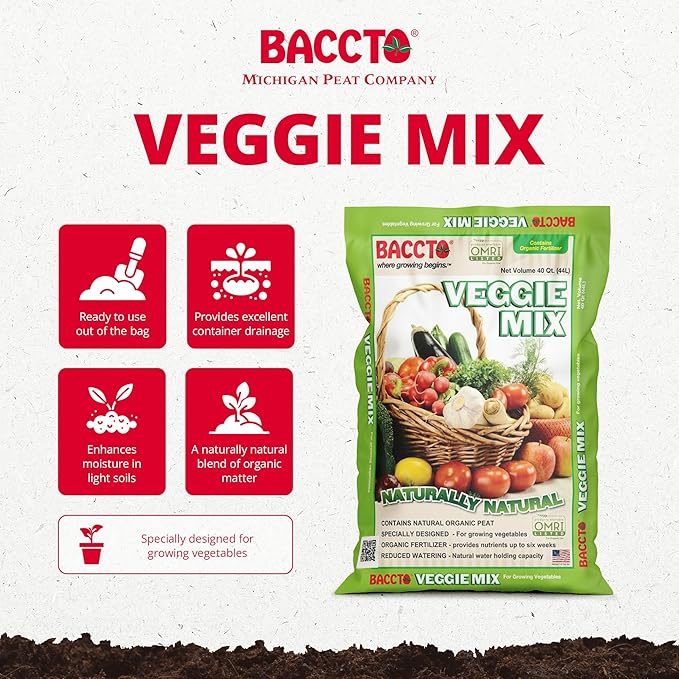 Michigan Peat Company BACCTO Veggie Mix with Peat Moss, Indoor Outdoor Organic Nutrients for Planting & Growing Vegetables, 40 Quart Bag