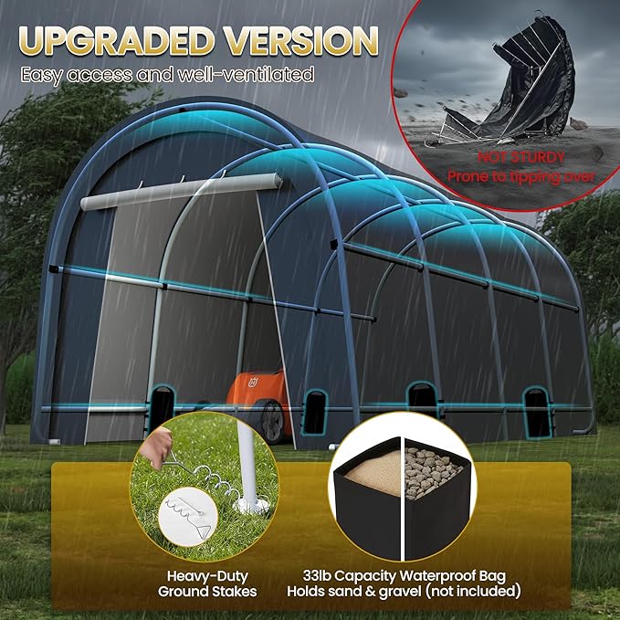 Kiss the Water Domed Carport with 4 Cloth Bags, Portable Garage with 2 Roll-up Doors, Heavy Duty Car Canopy Party Tent, All-Season Storage Shelter Shed for Cars, Truck, or Garden Tools, 10' x 20'