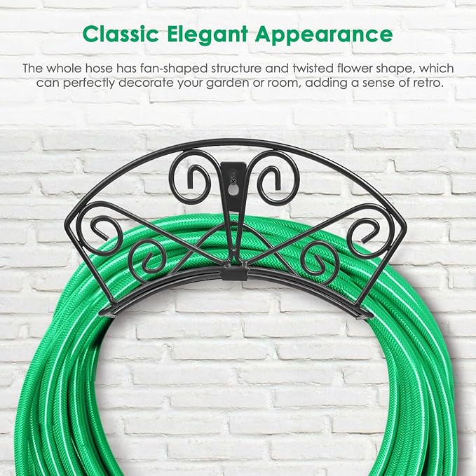 TomCare Garden Hose Holder Heavy Duty Water Hose Holder Solid Metal Hose Hanger Wall Mount Decorative Durable Garden Hose Storage Hose Reel Hose Organizer for Outside Yard, Black