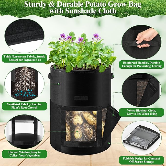 4 Pack 10 Gallon Potato Grow Bags with 360°Visible Window, Heavy Duty Thickened Nonwoven Fabric Plant Grow Bag with Sunshade Cloth, Reusable Garden Grow Bags for Potatoes, Vegetables, Flowers