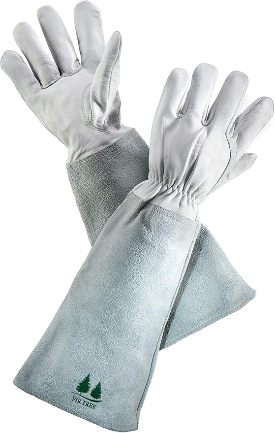 Fir Tree Leather Gardening Gloves for Women & Men - Thorn Proof Goatskin Rose Pruning Gloves with Long Suede Cowhide Gauntlet - Heavy Duty, Puncture Resistance & Washable Work Gloves