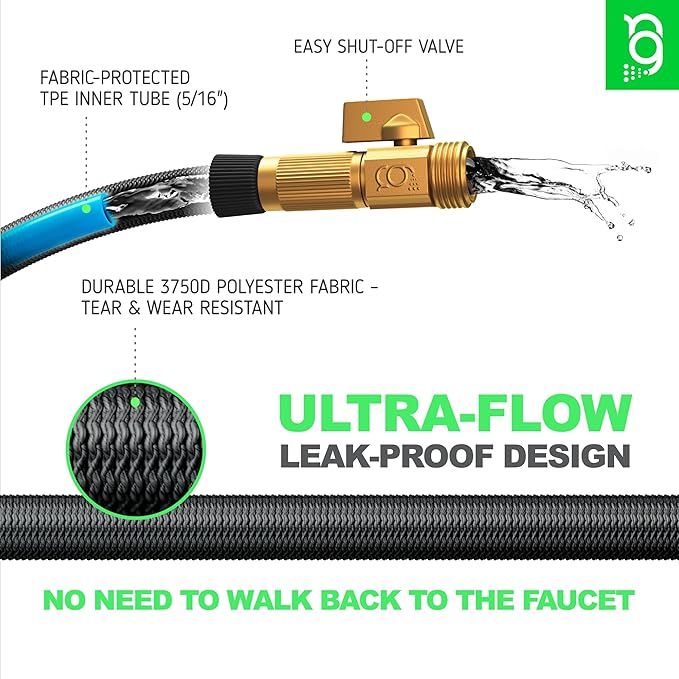 Easy to Use Garden Hose 50 FT, Lightweight and Leak-Proof Heavy-Duty Flexible Water Hose 50FT with Reinforced TPE Core, 3/4" Solid Brass Fittings, Ultra-Flow Manguera Para Jardin, Built to Last