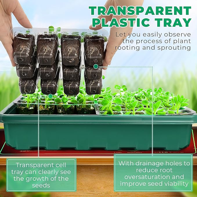 Seed Starter Tray, Seed Starter Kit with Grow Lights and Heat Mat, 48-Cell Seed Growing Tray, Seed Starting Trays Plant Starter Kit and Base, Indoor Gardening Plant Germination Trays