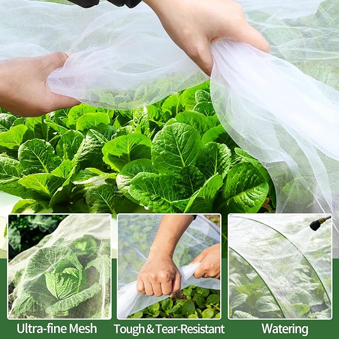 Garden Netting Kit for Raised Bed, 8X20FT Ultra Fine Mesh Netting with 5 Sets Garden Hoops & 15pcs Clips, Reusable Plant Row Cover Bird Netting for Garden Protection