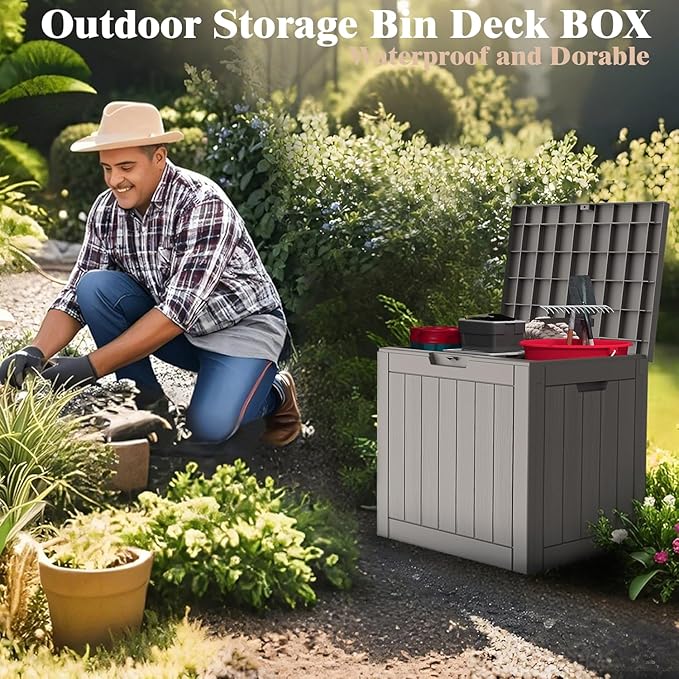 Outdoor Storage Bins, 35 Gallon Small Deck Box, Waterproof Storage bins, Lockable Patio Storage box for Package Delivery, Porch, Garden Tools, Anti-Theft Weatherproof & UV-Resistant Parcel Drop Box