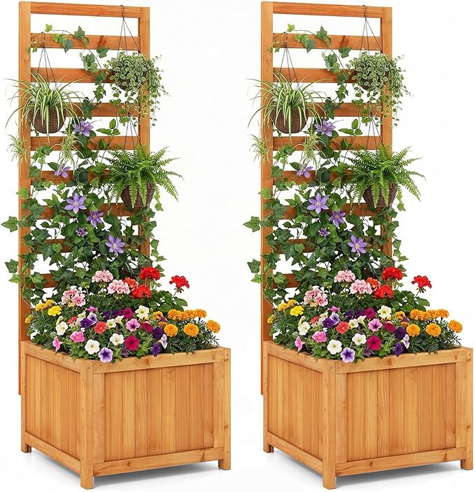 Giantex Set of 2 Wood Raised Garden Bed with Trellis, Outdoor Planter Box for Vines Flowers Vegetables, Herbs, Freestanding Plant Container Privacy Planters for Porch, Patio, Backyard