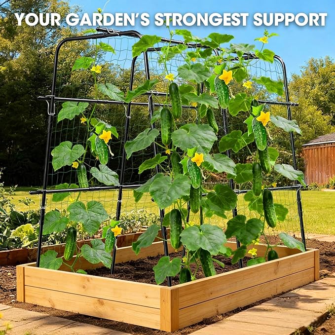 Cucumber Trellis for Raised Bed and Garden, 47" H x 47" W U-Shaped Metal Garden Trellis for Climbing Plants with Nylon Netting, Vegetable Support Frame