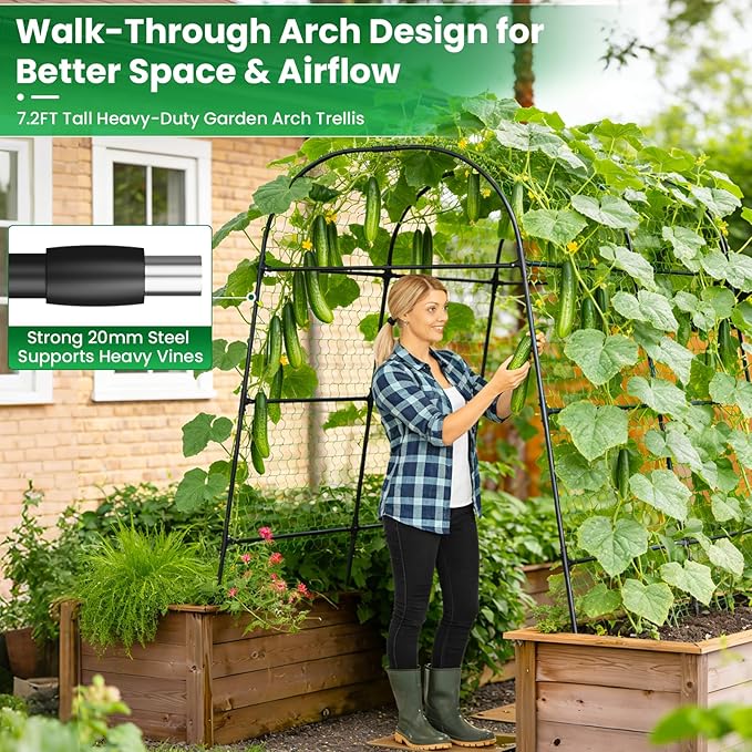 7.2FT Garden Arch Trellis for Climbing Plants, Heavy Duty 66" Wide Walk-Through Metal Arch with Netting, Wind-Resistant Vertical Garden Support for Cucumbers, Roses, Beans, Squash (65" Arch)