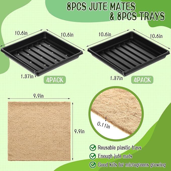 CIEOVO Microgreens Growing Mat with Tray Kit, 8 Pcs Hemp Fiber Grow Tray with 8 Pcs 10" Square Growing Trays Hydroponic Jute Pads Indoor Production for Indoor Germination Sprouts