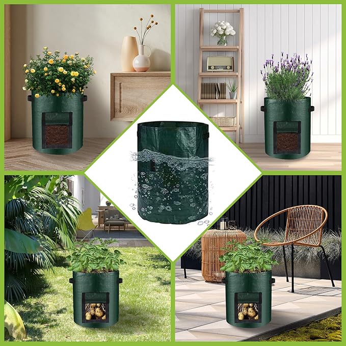 LITLANDSTAR 6 Pack Potato Grow Bags, 5 Gallon Grow Bags Garden Planting Bags with Flap Windows and Handles, Vegetable Grow Bags for Potato, Onion, Tomato, Carrot (Dark Green)