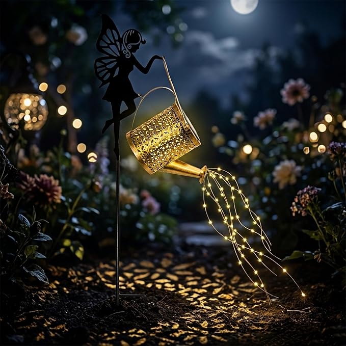 Fairy Solar Lights Outdoor Waterproof, Upgraded Thickened Stake Metal Garden Decor, Whimsical Watering Can Lantern for Yard Pathway, Fairy Garden Accessories Gifts for Women