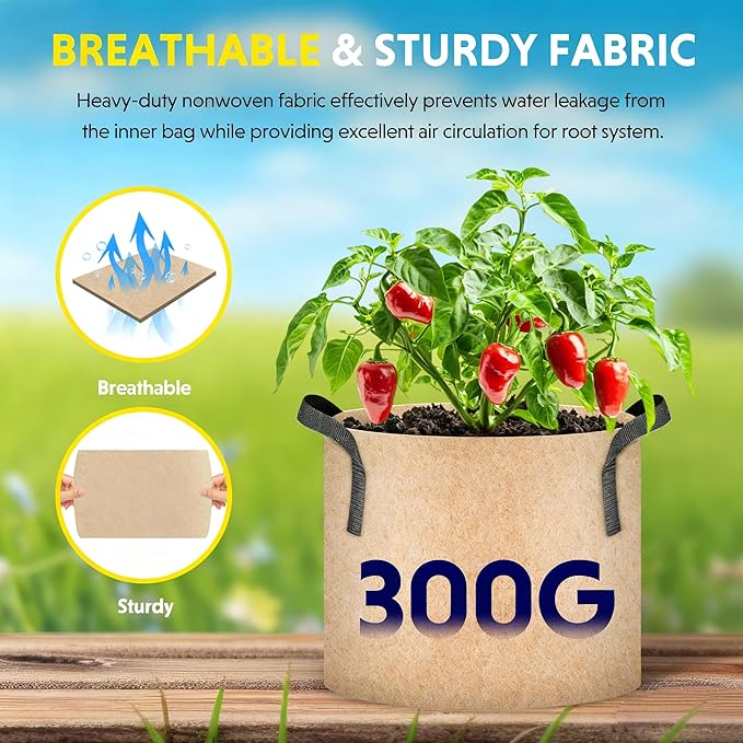 iPower 20 Gallon 10 Pack Grow Bags Nonwoven Fabric Pots Aeration Container with Strap Handles for Garden and Planting, 10-Pack Tan, 20 Gallon