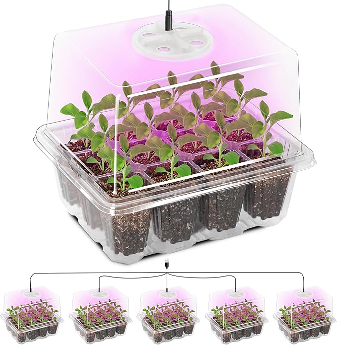 The Bundle of Bonviee 5 Packs Seed Starter Tray with Grow Light and 10 Packs Seed Starter Kit