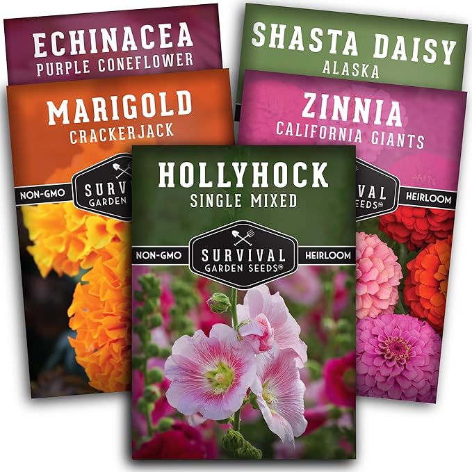 5 Flower Seed Collection for Planting – Zinnia, Marigold, Coneflower, Daisy & Hollyhock – Heirloom Non-GMO Pollinator & Cut Flower Garden Gift Pack | Survival Garden Seeds