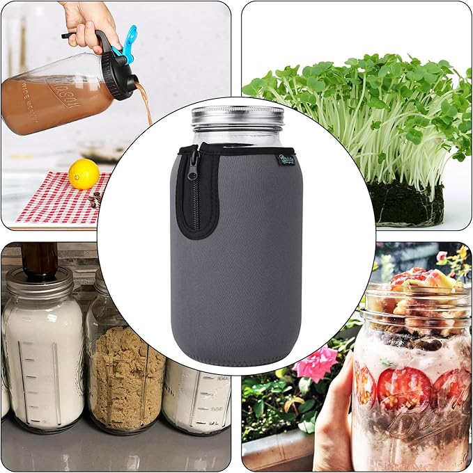 Beautyflier Wide Mouth Mason Jars 64oz Sleeve, Large Clear Glass 2 Quart Insulators Covers, Wide Mouth Half Gallon Sprouting Mason Jars Blackout Sleeves, Bottle Not Included (Gray)