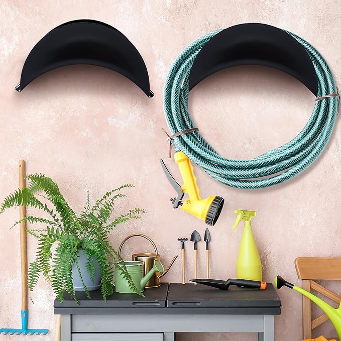 Thyle 6 Pcs Garden Hose Holder Heavy Duty Water Hose Holder Wall Mount Metal Rustproof Black Rack Storage Organizer Brackets for Outside Garden Yard Lawn