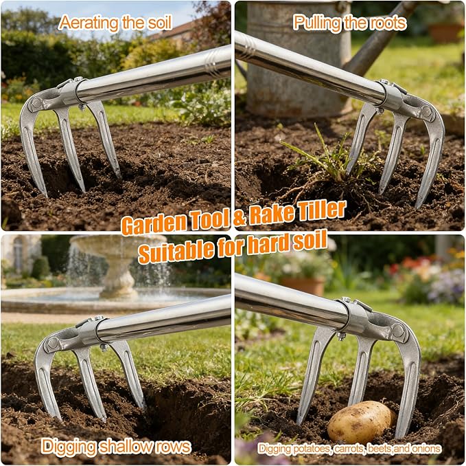 Long Handle Hand Rake Garden Tool, 62" Stand Up Weeding Rake with D-Grip, Heavy Duty 3-Tine Cultivator for Soil Loosening, Digging & Planting, Carbon Steel Tiller for Standing Weeding