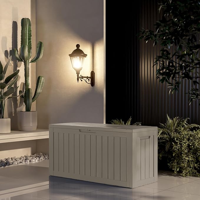 PatioZen 90 Gallon Deck Box,Resin Outdoor Storage Box with Lockable for Patio Furniture, Pool Accessories, Garden Tools Waterproof Outside Storage Box, Grey