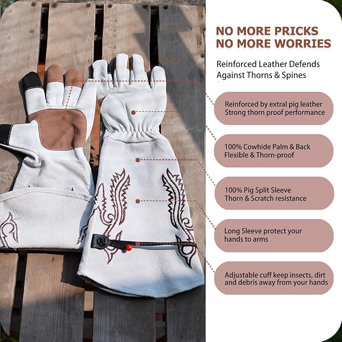Long Gardening Gloves Thorn Proof for Rose Cactus, Heavy Duty Leather Garden Gloves for Women & Men