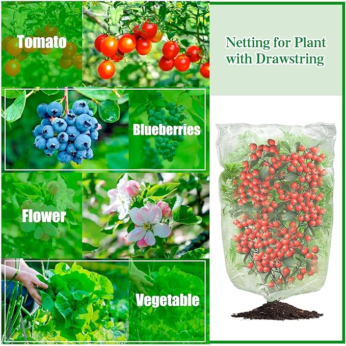 Insect Bird Barrier Mesh, Garden Netting Barrier, Bird Netting, Netting for Plant with Drawstring, 3.5 x 4.6 FT Tomato Protective Cover, Large Potted Fruit Protectors Cover for Blueberry